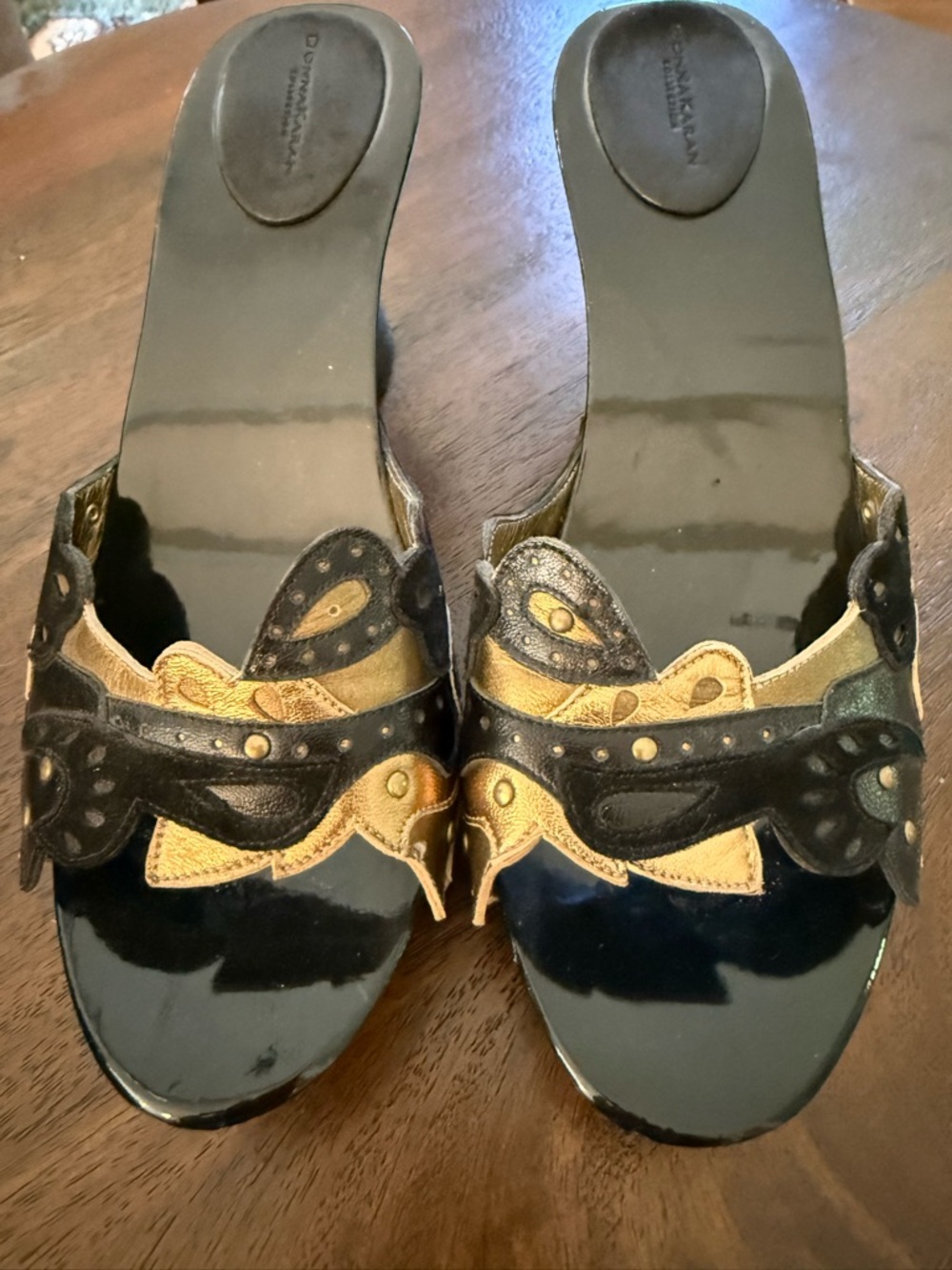 Donna Karan Black and Gold Slip-On Mules